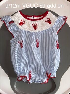Blue & White Seersucker Baby Romper with Red Lobster Embroidery with Smock